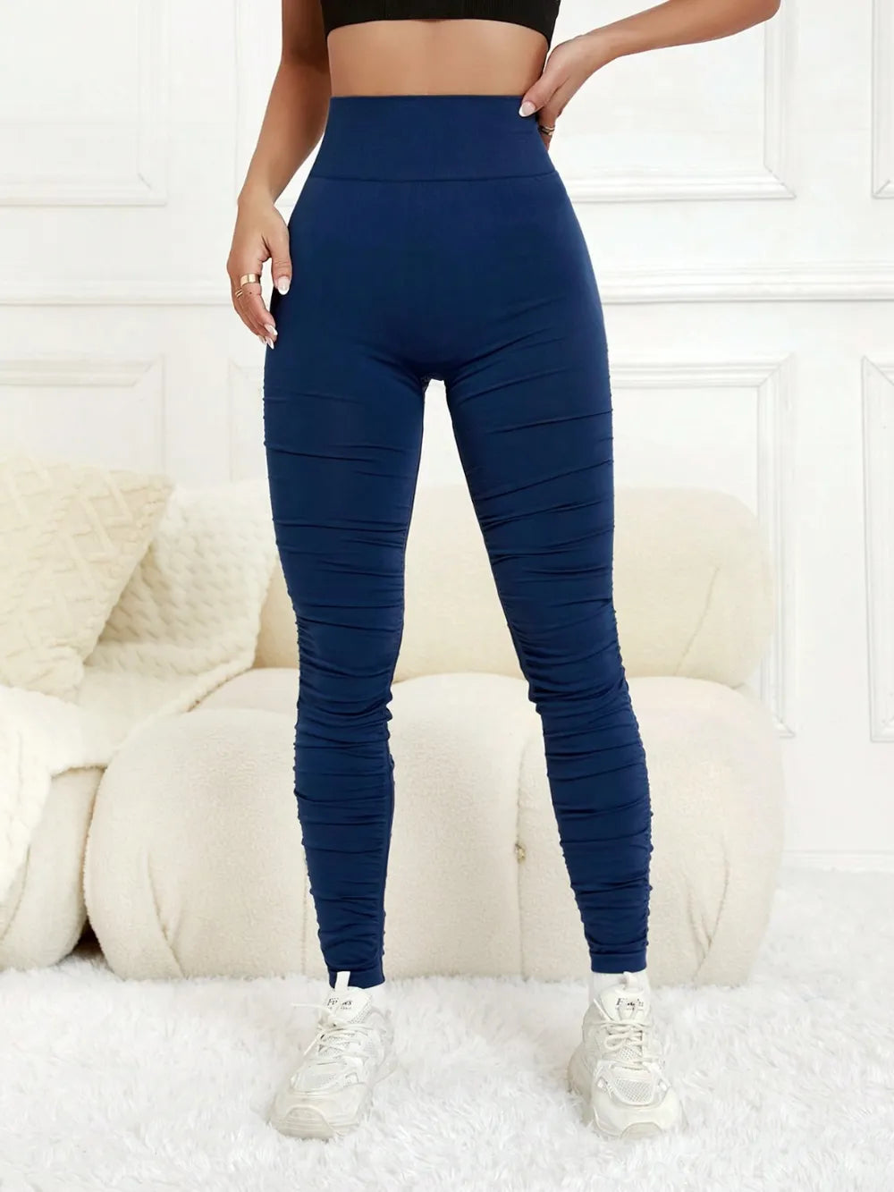 Front view of high-waist leggings with wide waistband – women’s workout leggings in black