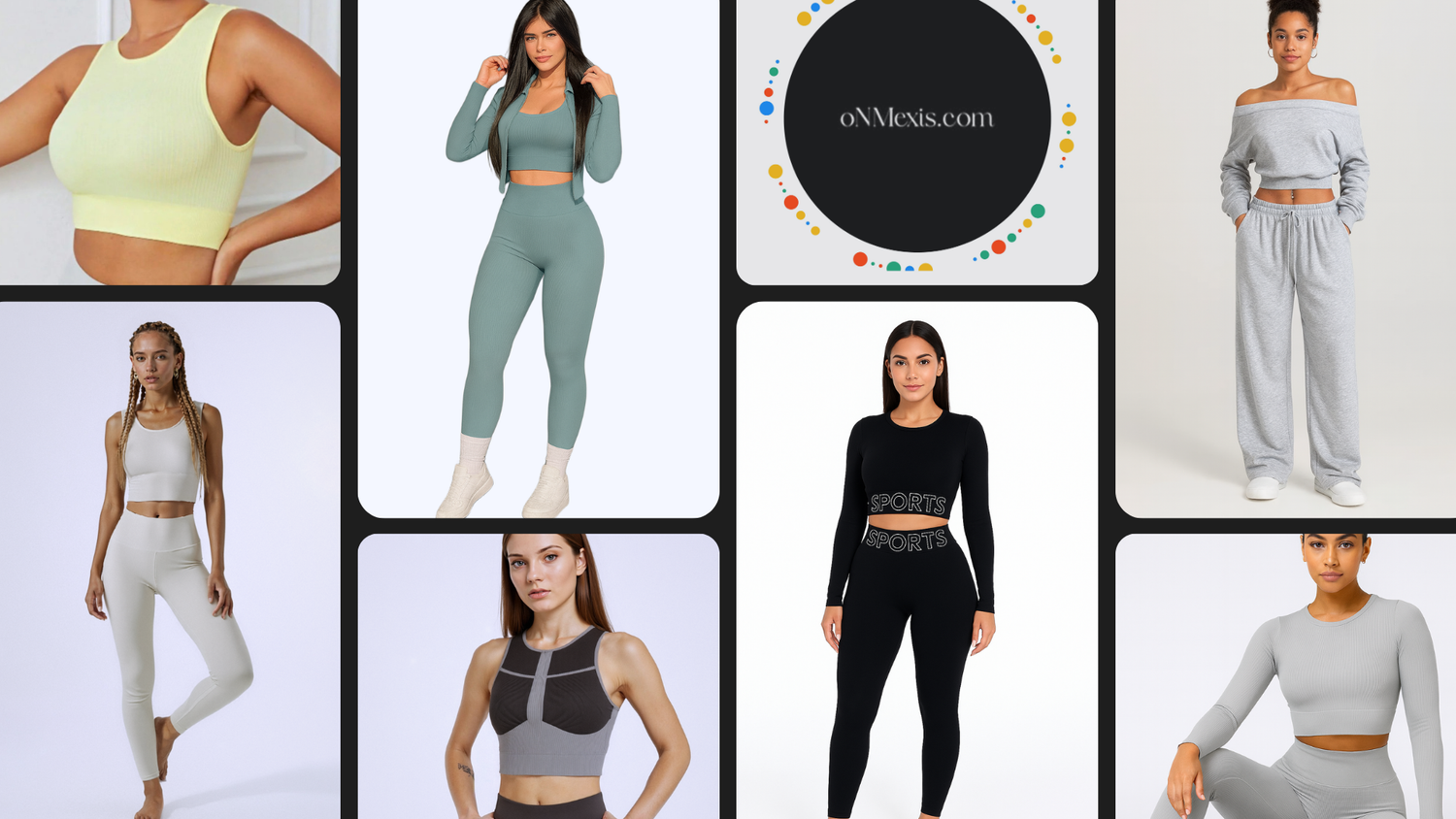 Grid of women wearing athletic wear with ONMEXIS logo in the center.