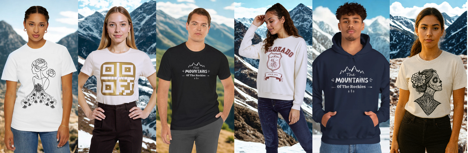 Model wearing Onmexis graphic tee with mountain and cultural print, smiling outdoors.